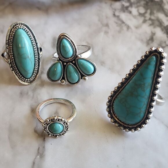 Simple and Elegant Blue Turquoise Water Teardrop Ring Set varied size - Picture 3 of 12